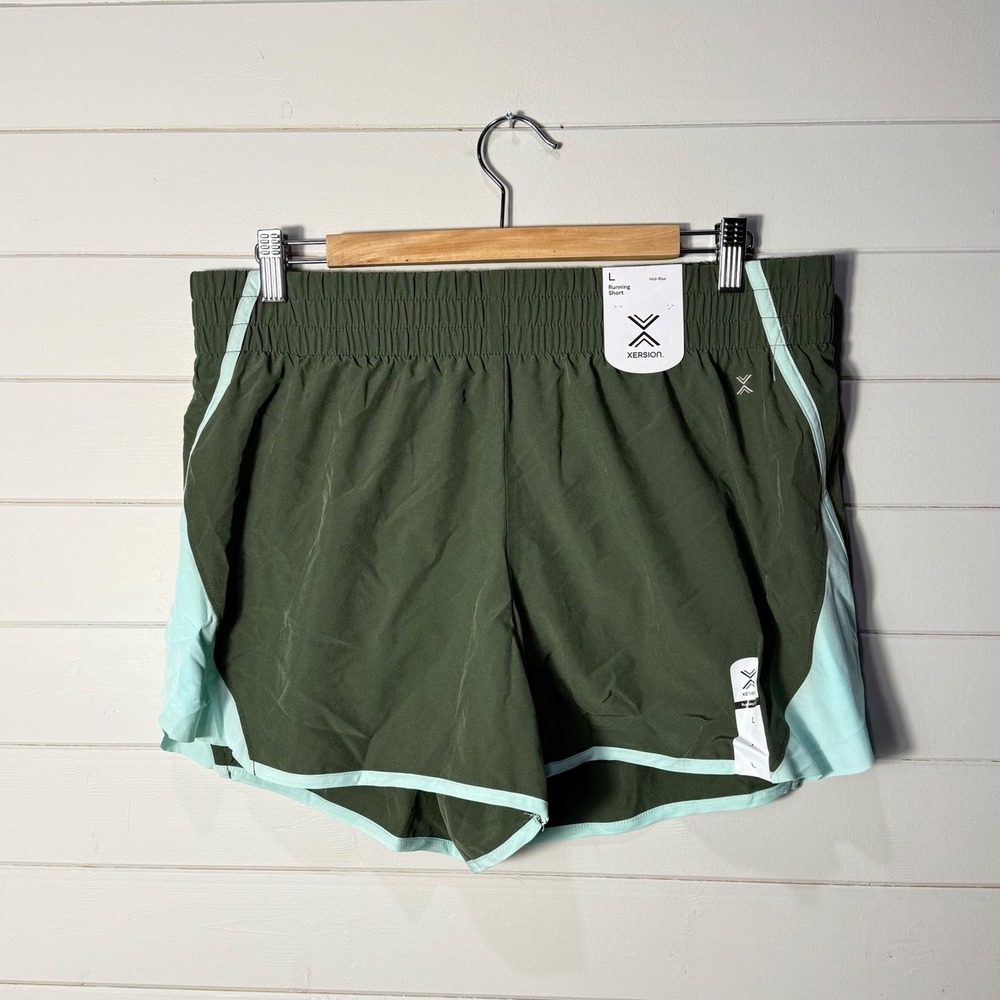 Xersion Womens Large Green Mid Rise Quick-Dri Brief Lined Running Shorts NWT
